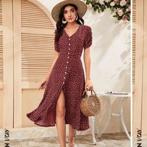 Burgundy Midi dress, short sleeves and button front, NWOT